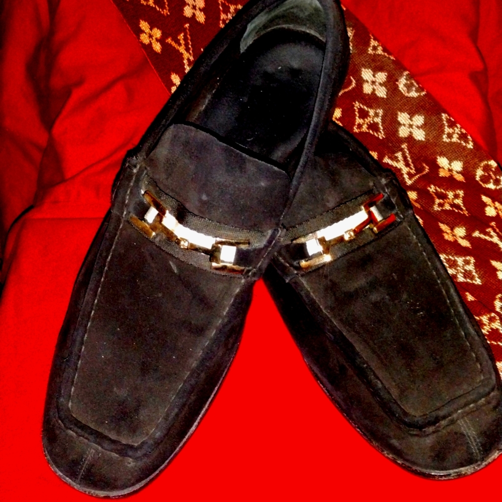MENS GUCCI BLACK SUEDE LOAFERS W/HORSE BUCKLE SIZE 12